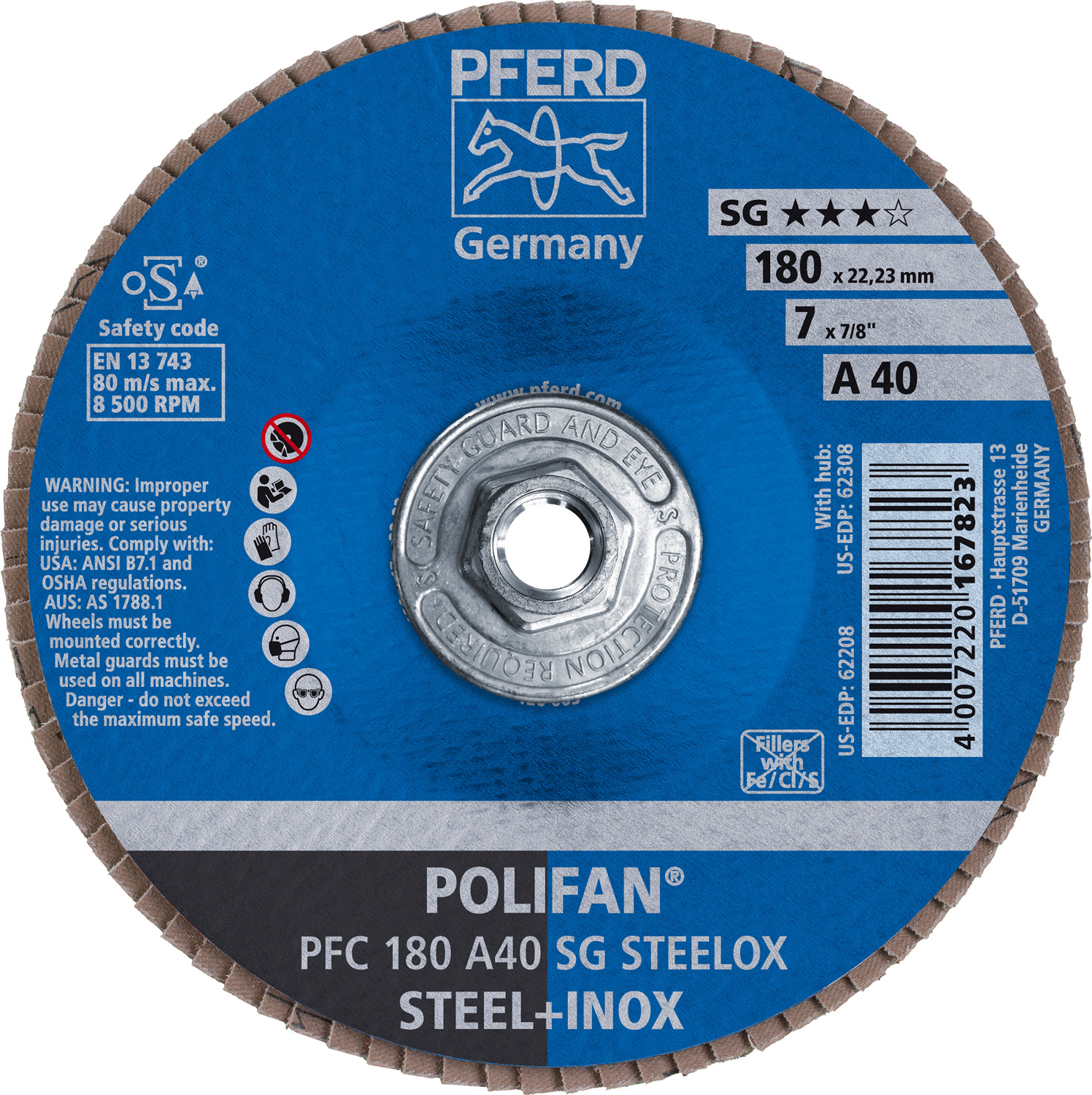 7" x 5/8-11 Thd. POLIFAN® Flap Disc, A SG STEELOX, Aluminum Oxide, 40 Grit, Conical